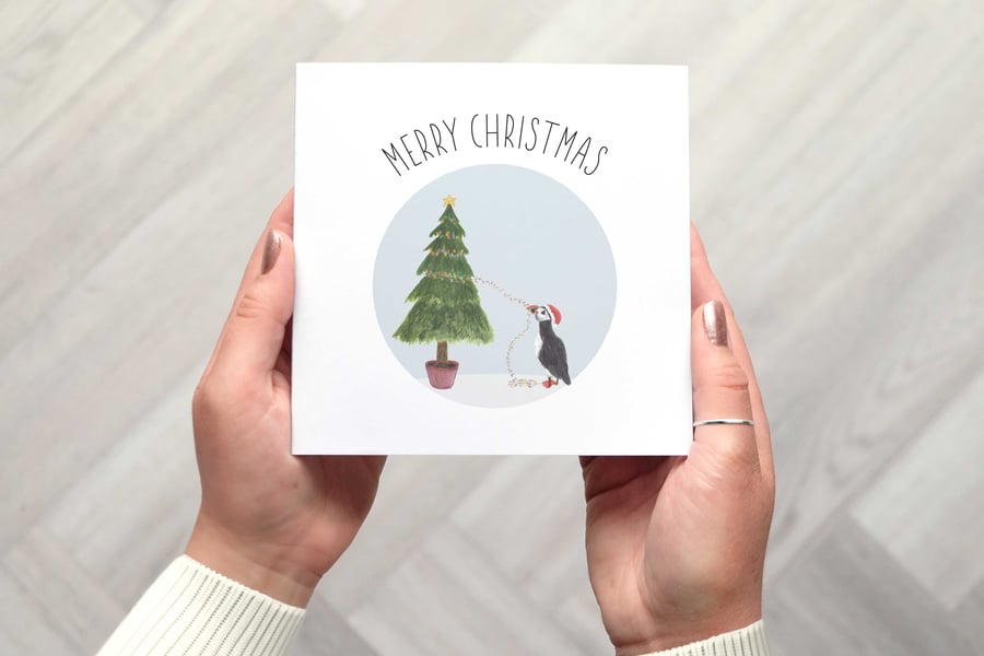 Puffin Christmas Card, Merry Christmas Card with Puffin Decorating Tree