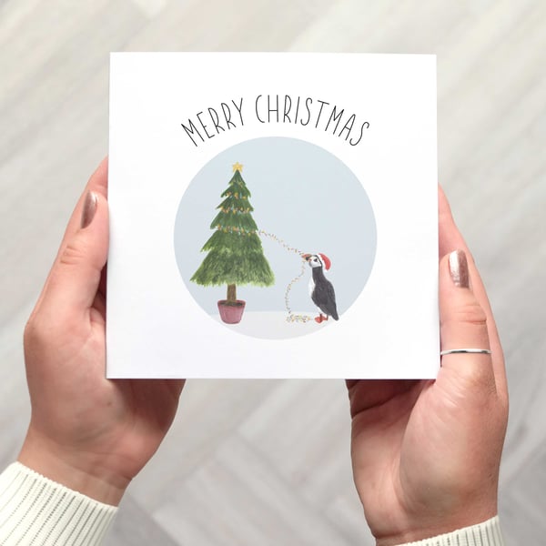 Puffin Christmas Card, Merry Christmas Card with Puffin Decorating Tree