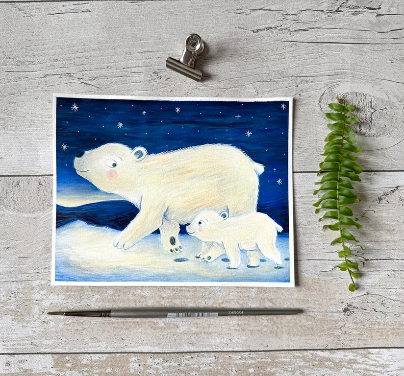 Original Polar Bear Painting - Gouache Painting - One of a kind