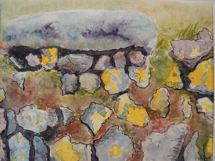 Cornish dry stone wall small watercolour and ink painting 240 mm x 170 mm