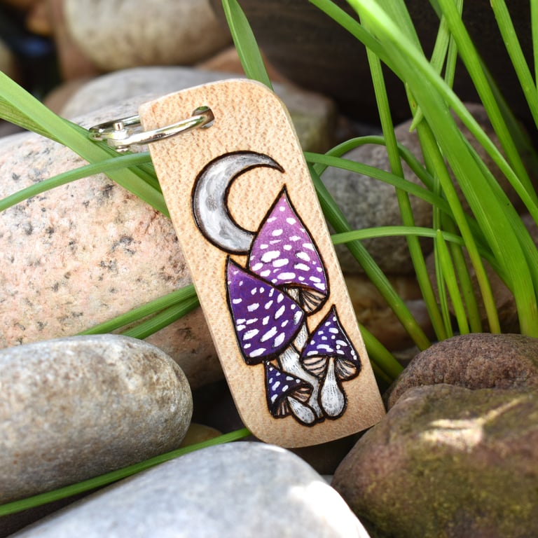 Purple Mushrooms under a Crescent Moon. Pyrography keyring.