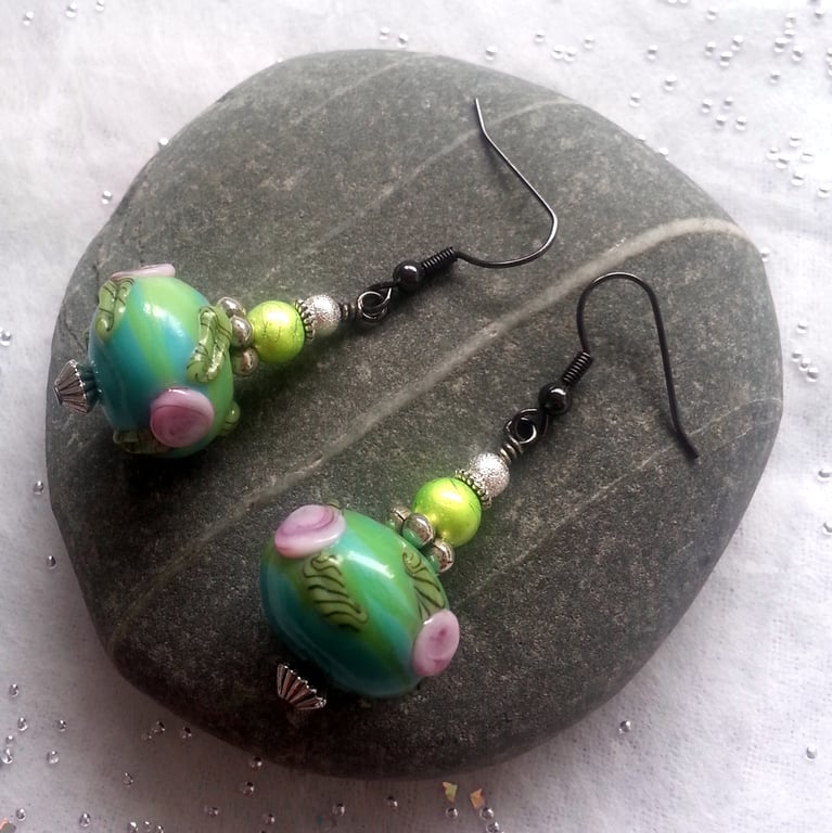 Green Floral Bead Earrings - Turquoise and Pink Flower Drop Earrings