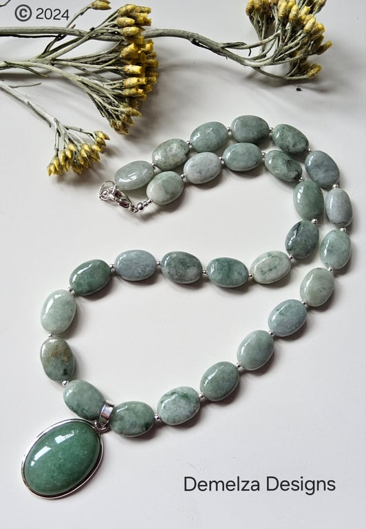 Designer Burmese Jadeite & Green Aventurine Sterling Silver Necklace 