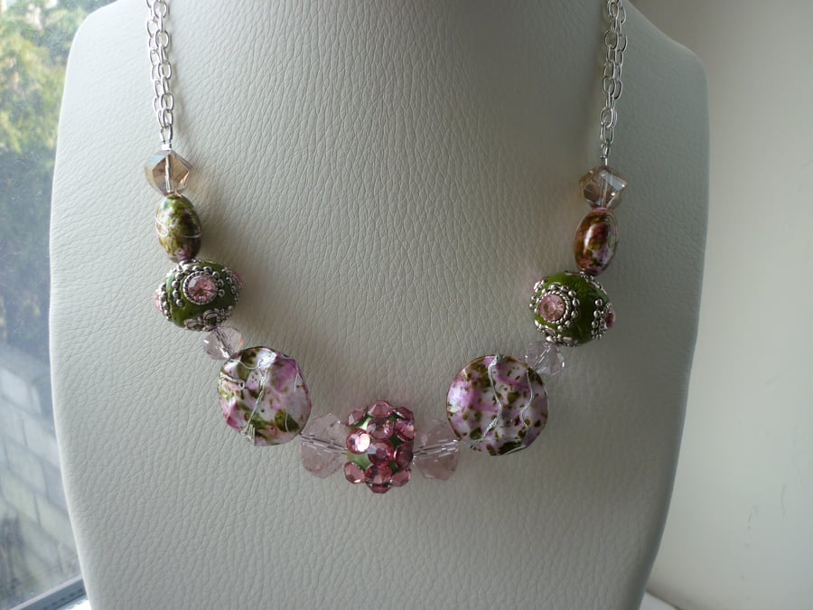 PINKS, GREENS AND SILVER -  SECRET GARDEN NECKLACE.  488