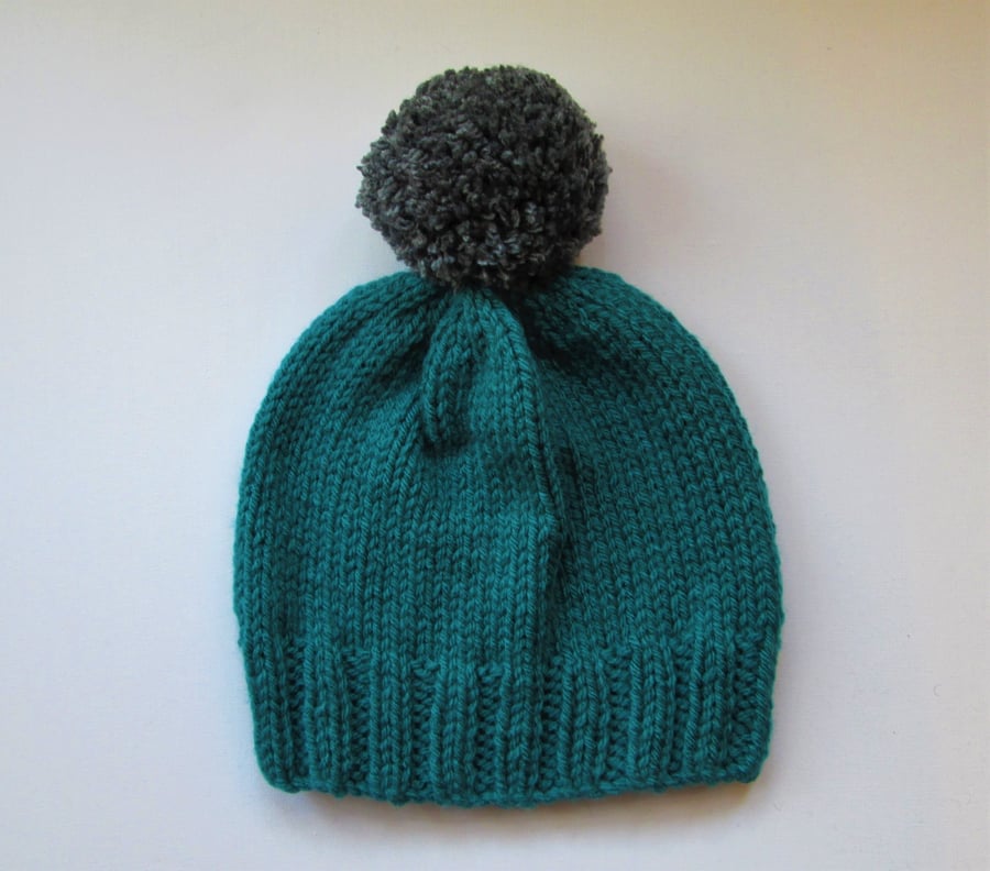 Bobble Hat in Petrol Green Chunky Yarn with Grey Pom Pom