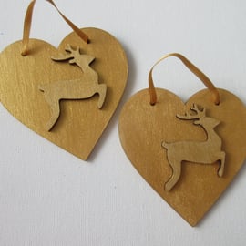 Christmas Hanging Tree Decoration Gold Reindeer Deer Stag on Heart x 2