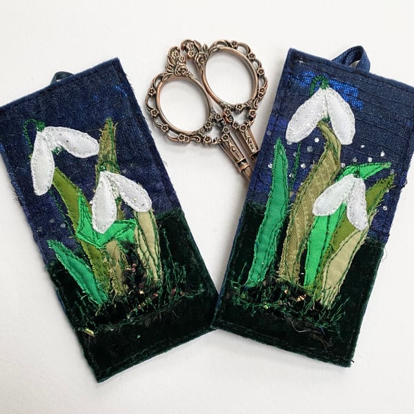 Snowdrop home decoration. Upcycled and embroidered. Homemade. 