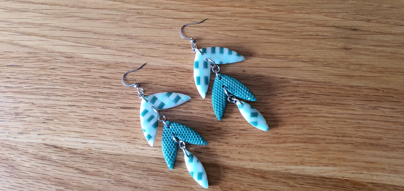 Dangle Three Section Leaf Shaped Earrings in Teal, Green and Blue Gingham Design