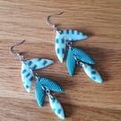 Dangle Three Section Leaf Shaped Earrings in Teal, Green and Blue Gingham Design