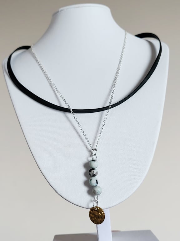 Kiwi sesame Jasper bead and faux vegan friendly leather sterling silver necklace