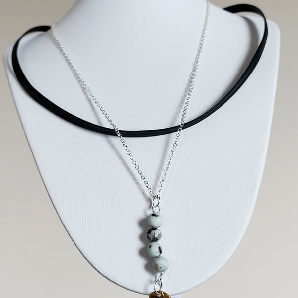 Kiwi sesame Jasper bead and faux vegan friendly leather sterling silver necklace
