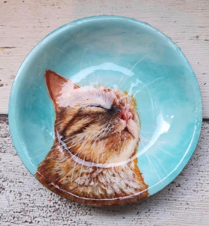 Ginger cat decorative dish, Sunbathing cat trinket dish