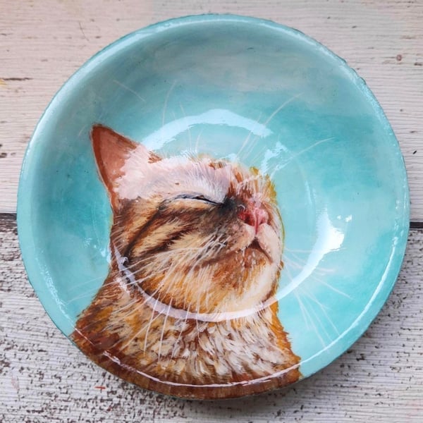 Ginger cat decorative dish, Sunbathing cat trinket dish