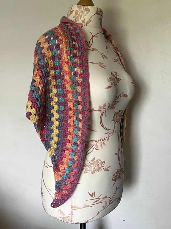 Hand Crocheted Multi Coloured Shawl Wrap Scarf