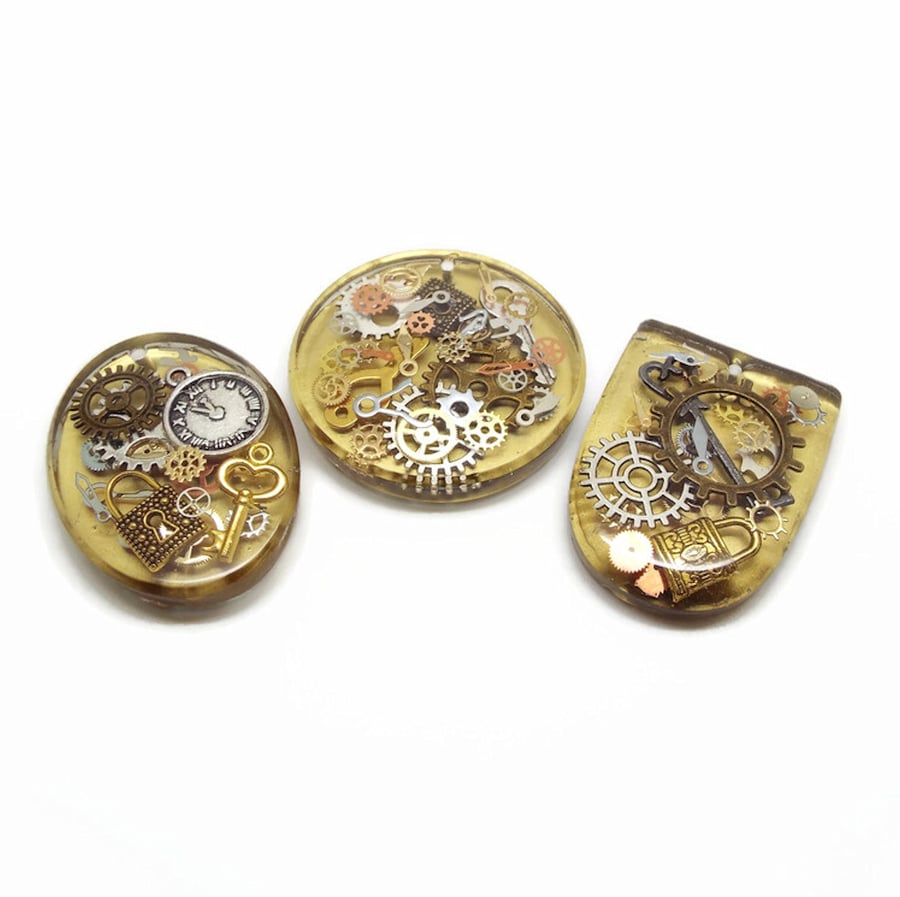 3 Steampunk Pendants, Handmade with Resin and Metal Inclusions