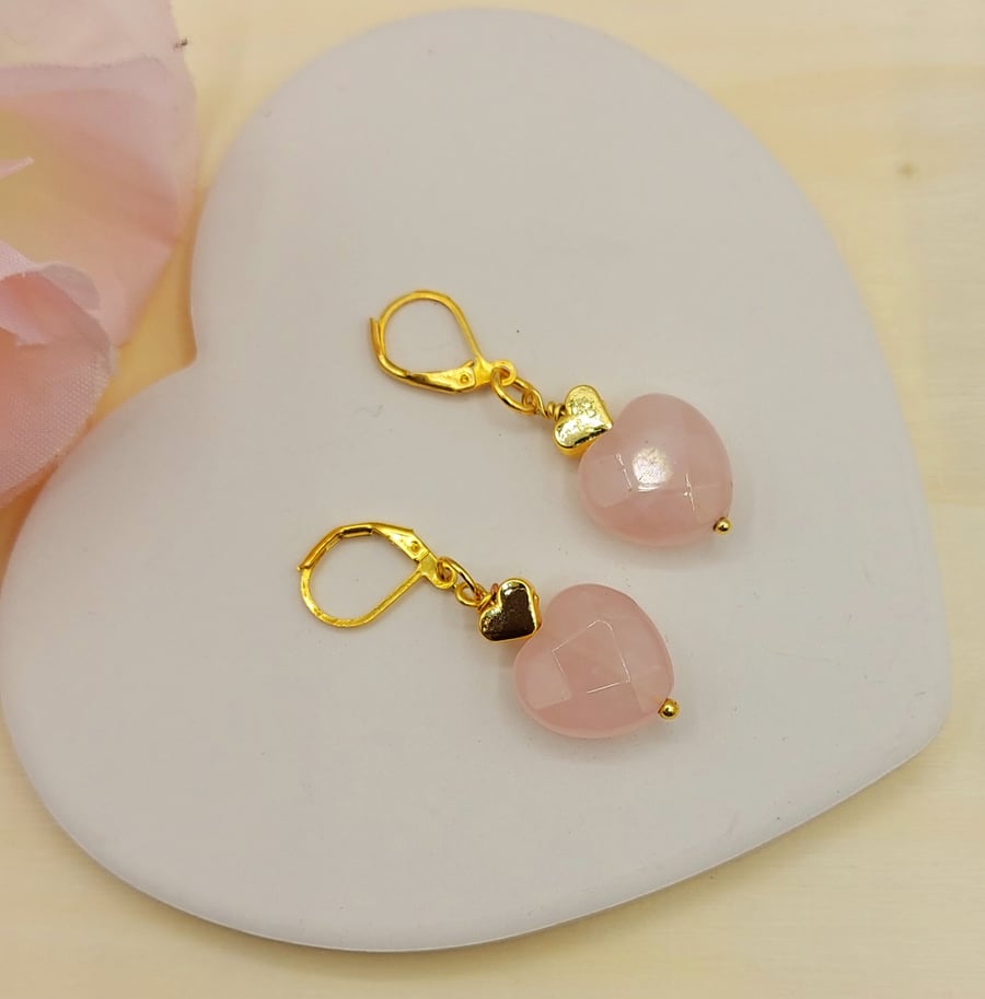 Rose Quartz Gold Heart  Dangle Earrings