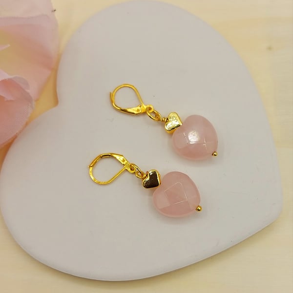 Rose Quartz Gold Heart  Dangle Earrings