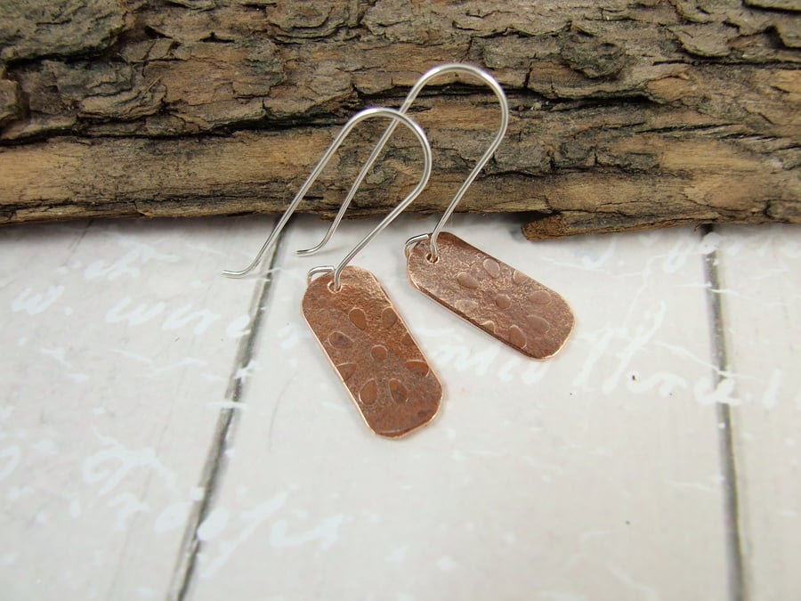 Earrings, Textured Copper and Silver Elegant Dropper, Minimalist Earrings