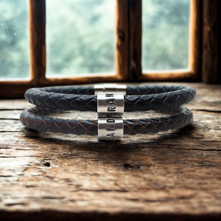 Grandad Leather Bracelet with Hand Stamped Ring - Gift Boxed