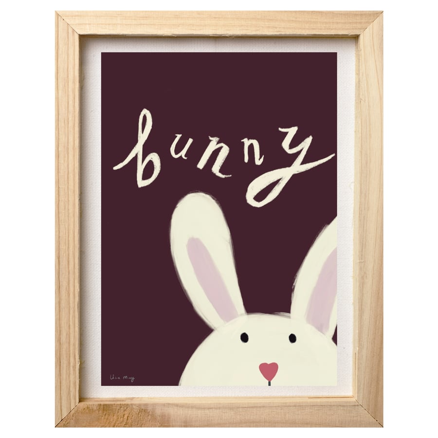 Dark red A4 digital nursery art print - Sleepy Bunny Illustration