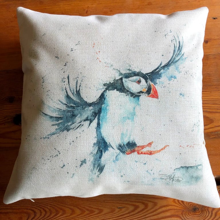 Puffin & Blowin Cushion Cover, Wildlife Art Cushion, Puffin Bird Textile Print, 