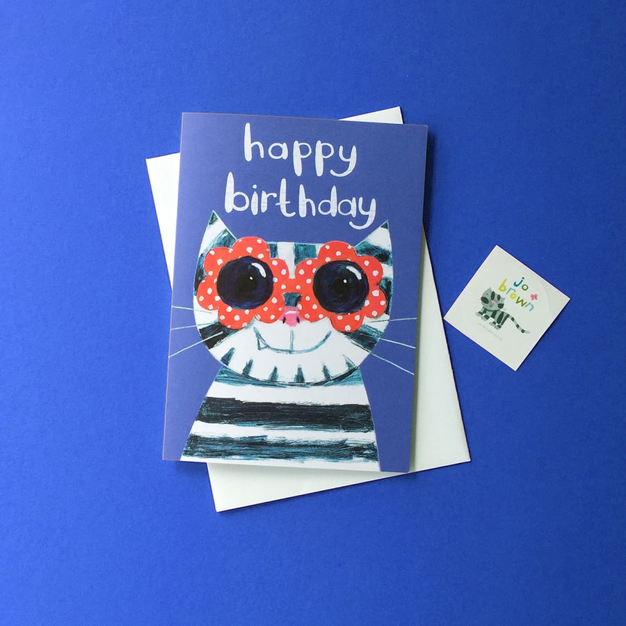 Happy Birthday Sunglasses cat card - Hyacinth- by Jo Brown