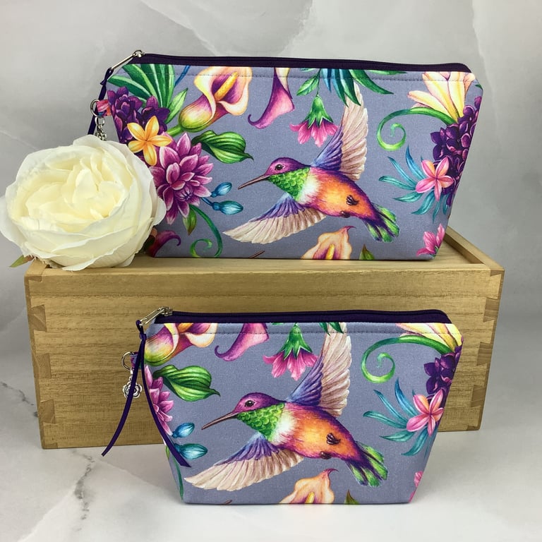 Hummingbirds zip bag, Birds makeup bag, 2 size options, Handmade