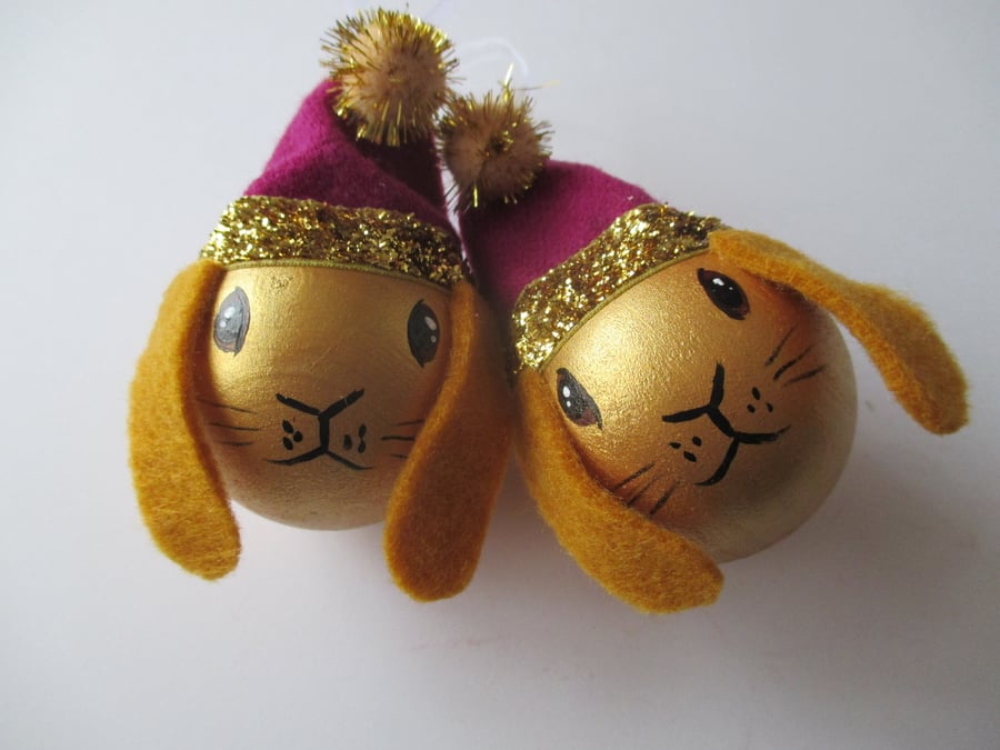 2x Bunny Rabbit Christmas Bauble Tree Decoration Pink Gold Lop Eared Xmas