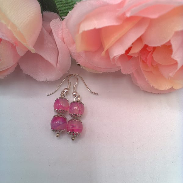 Earrings with Fuchsia Fluorite Beads and Silver Plated Bead Caps, Gift for Her