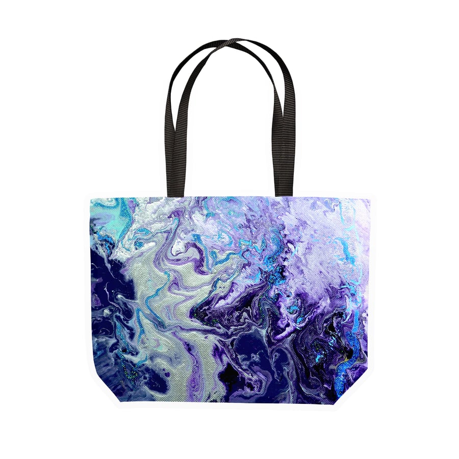 Amethyst Purple Marbled Canvas Shopping Tote Bag - Purple Lilac Grey & White Lar