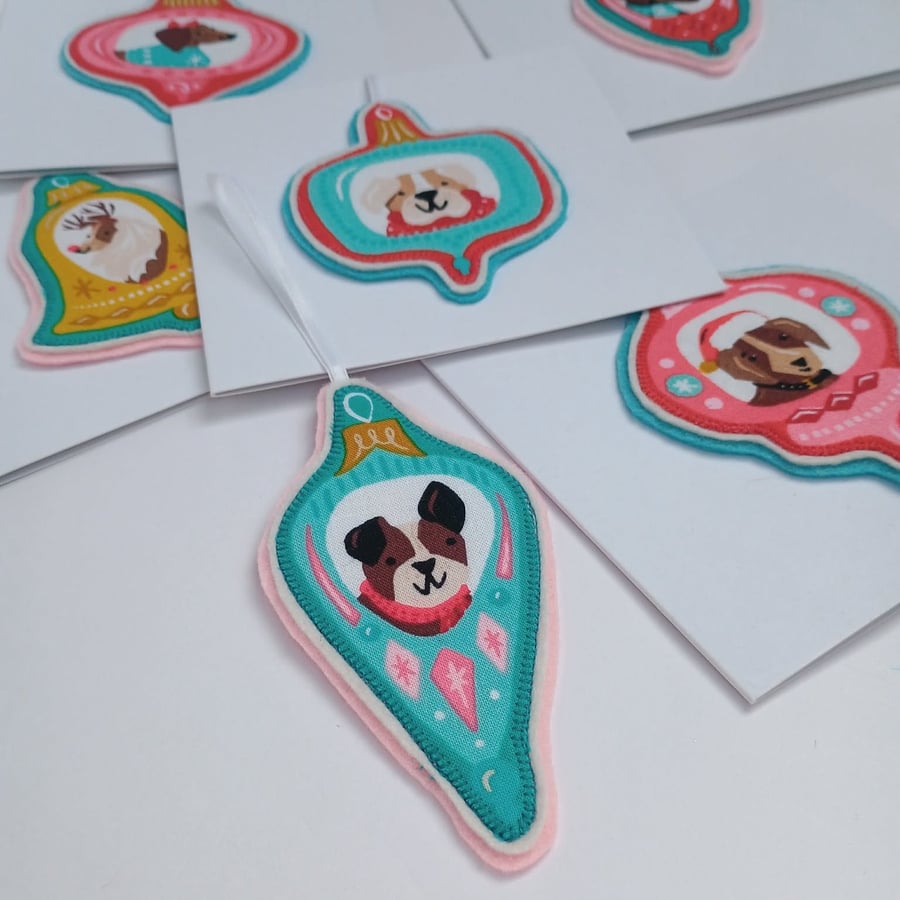 Christmas Decoration - Happy Dog Bauble hanging felt and fabric ornament on card