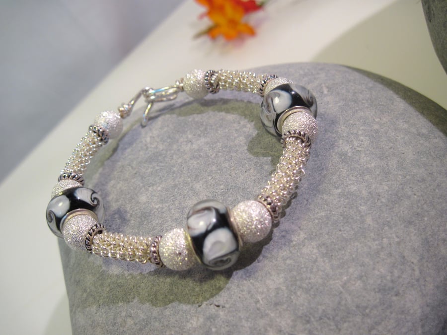 Black Glass and Silver Bracelet