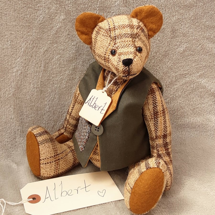 Handmade artist bear,fabric teddy bear,one of a kind dressed bear by Bearlescent