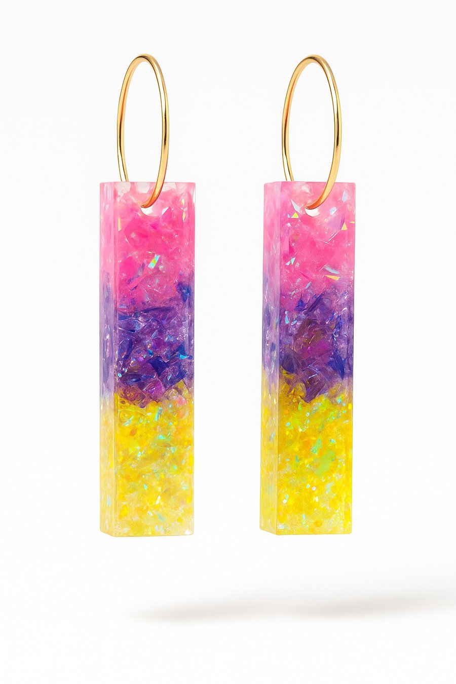 Rainbow Glitter Resin Drop Earrings – Slim Rectangle Hoop Dangles
