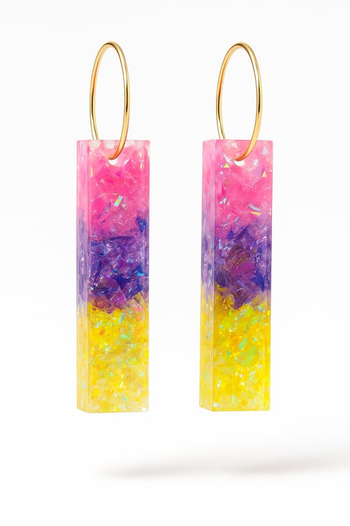 Rainbow Glitter Resin Drop Earrings – Slim Rectangle Hoop Dangles