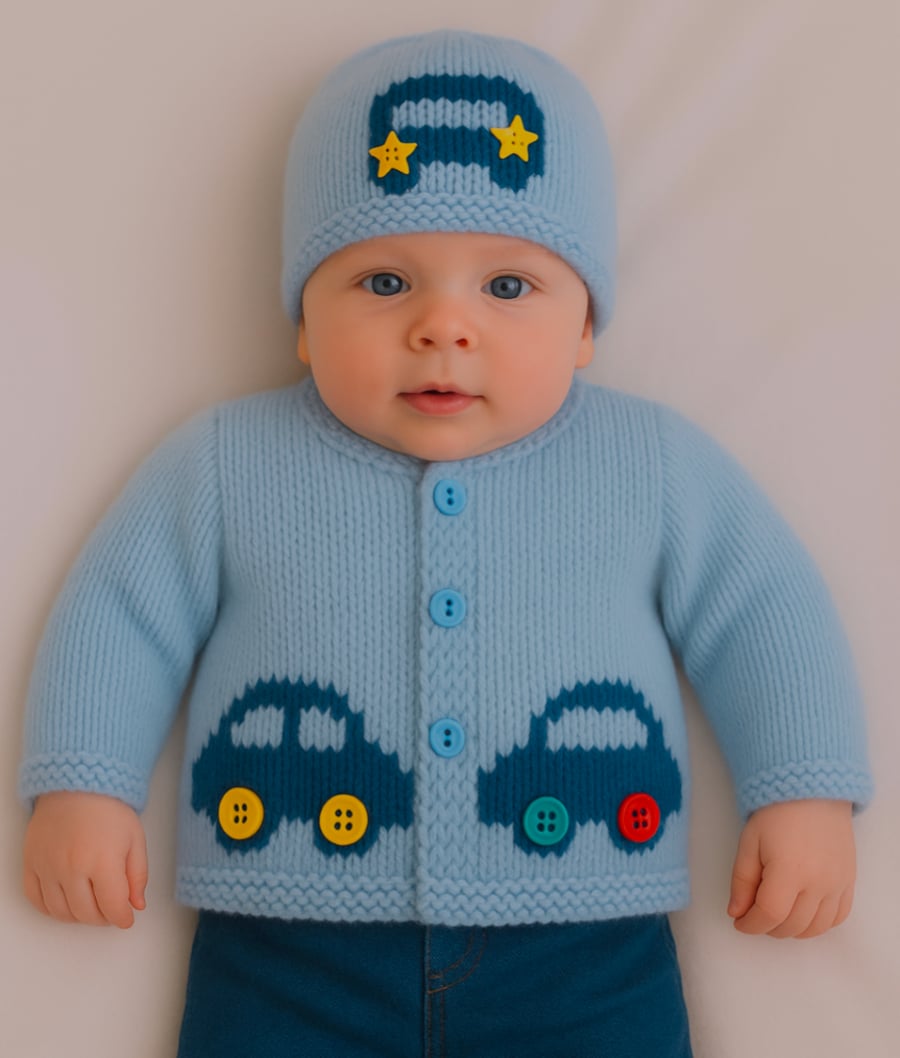Knitting Pattern for Baby Car Cardigan and Hat 0-18 months, Digital