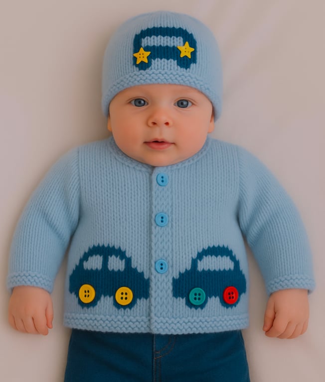 Knitting Pattern for Baby Car Cardigan and Hat 0-18 months, Digital