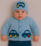 Knitting Pattern for Baby Car Cardigan and Hat 0-18 months, Digital