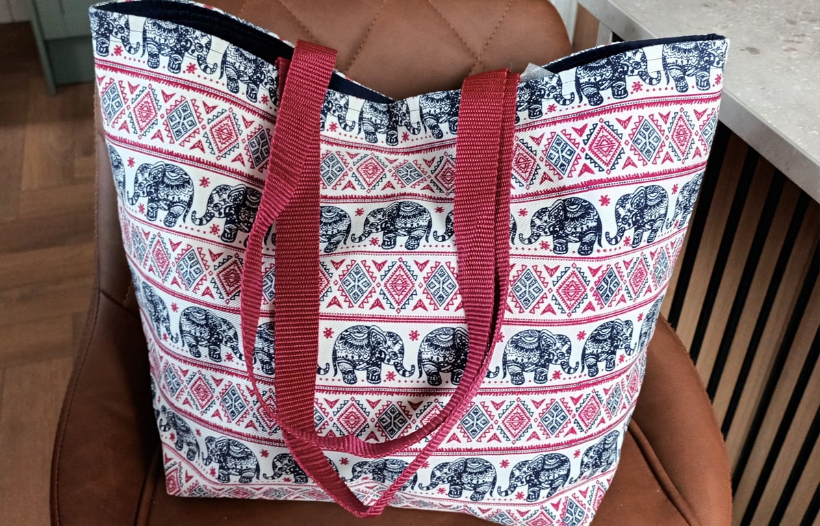 Elephant Aztec Design Tote Bag, Cotton Canvas. Red & Navy. Free Delivery.