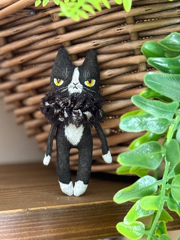 Hand Painted Miniature Cat Art Doll Tuxedo