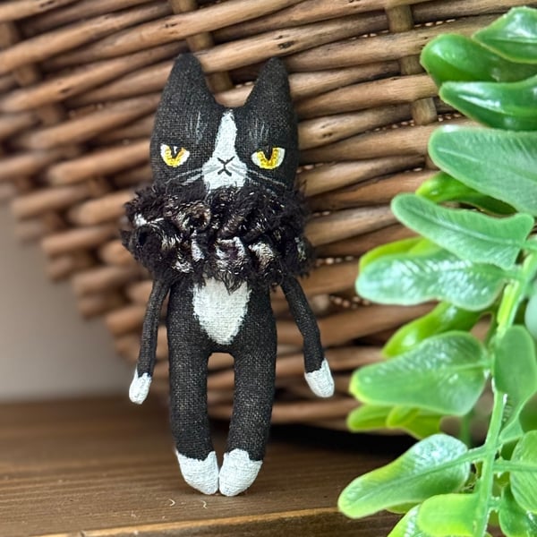 Hand Painted Miniature Cat Art Doll Tuxedo