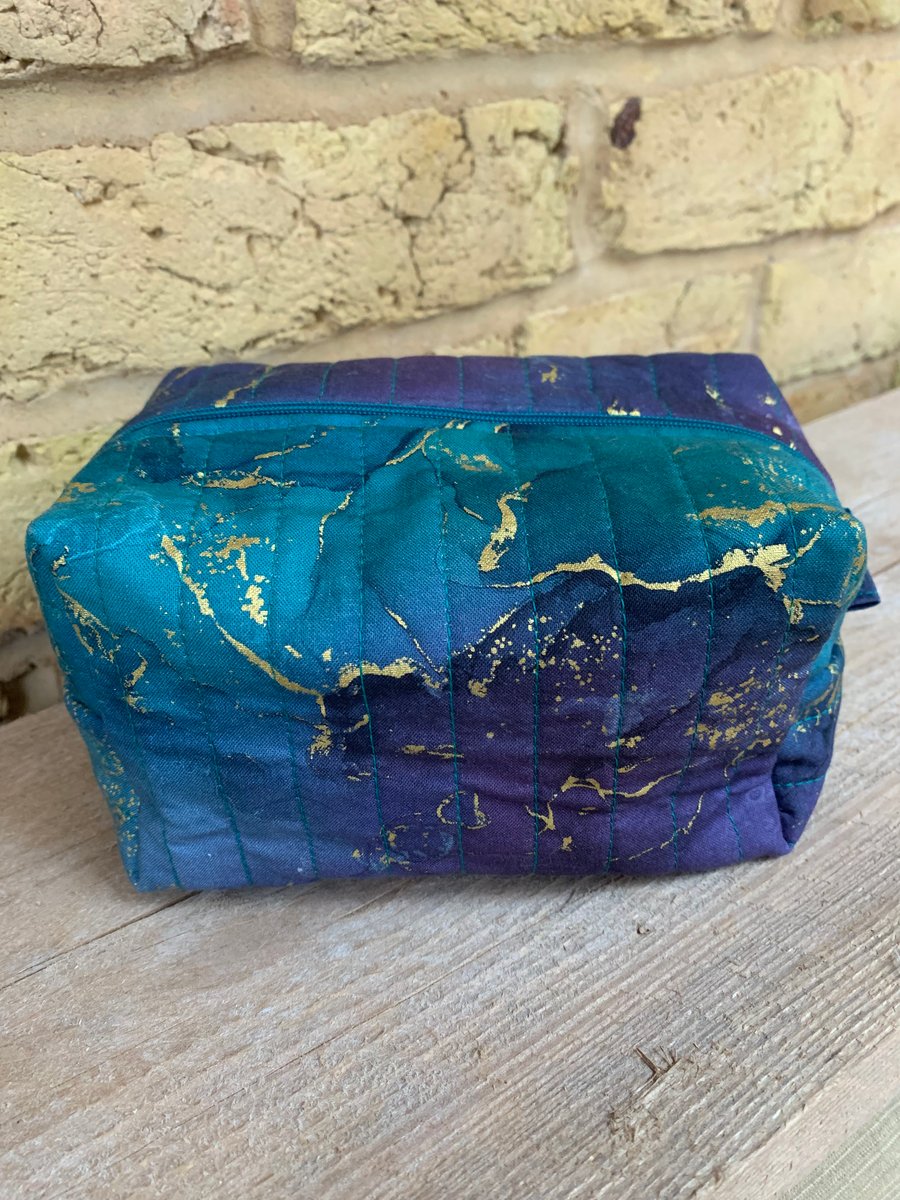Purple, Jade and Gold Marble Effect Quilted Fabric Box Shape Makeup Bag