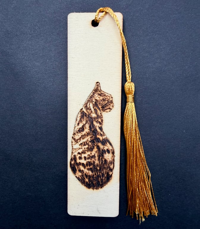 tabby cat pyrography wooden bookmark