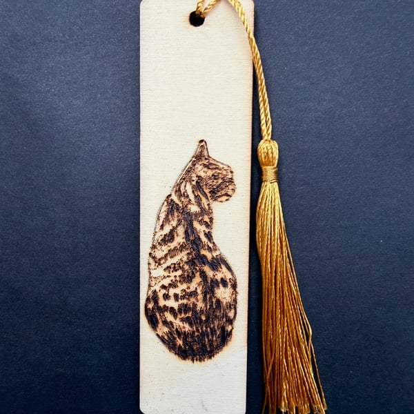 tabby cat pyrography wooden bookmark