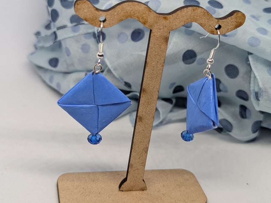   Blue square Japanese paper earrings