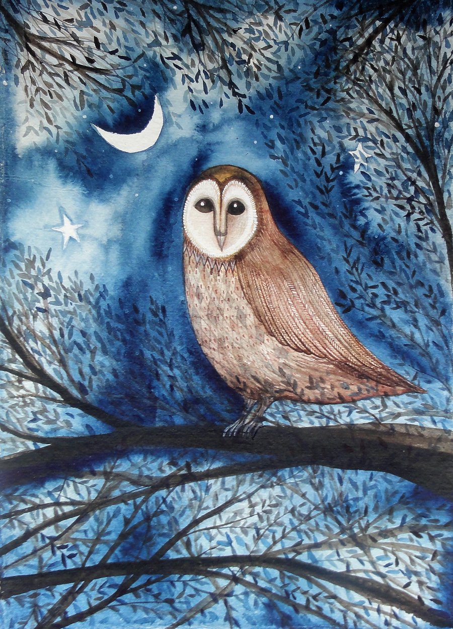 The Sentinel, Original Owl Watercolour Painting