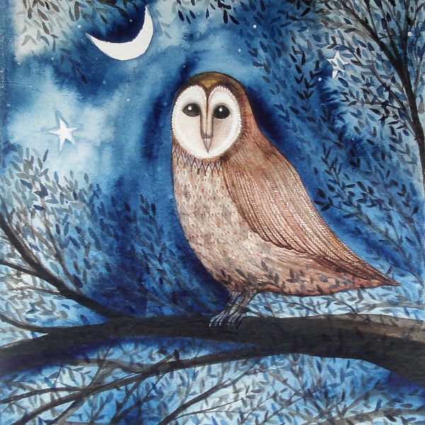 The Sentinel, Original Owl Watercolour Painting
