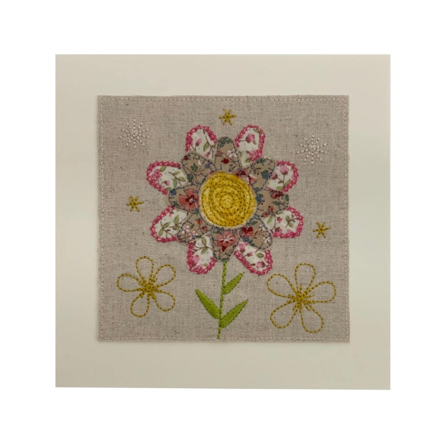 Embroidered Linen Flower Card: Stitched Textile Flower