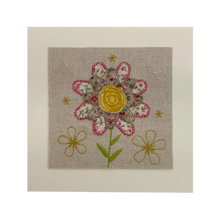 Embroidered Linen Flower Card: Stitched Textile Flower