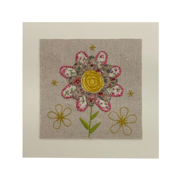 Embroidered Linen Flower Card: Stitched Textile Flower